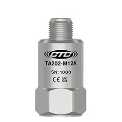 A stainless steel, standard size, M12 top exit TA202-M12A vibration instrument engraved with the CTC Line logo, part number, serial number, and CE and UKCA certification markings.